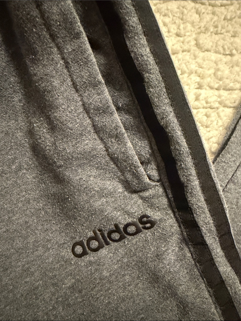 adidas Dark Gray Fleece Track Pants with Black Stripes - Picture 2 of 5